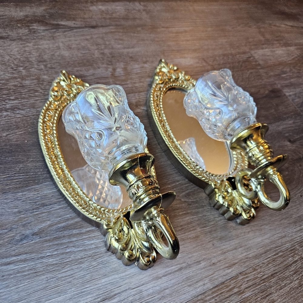 Vintage pair of gold ornate mirror sconces and candlestick holder with glass